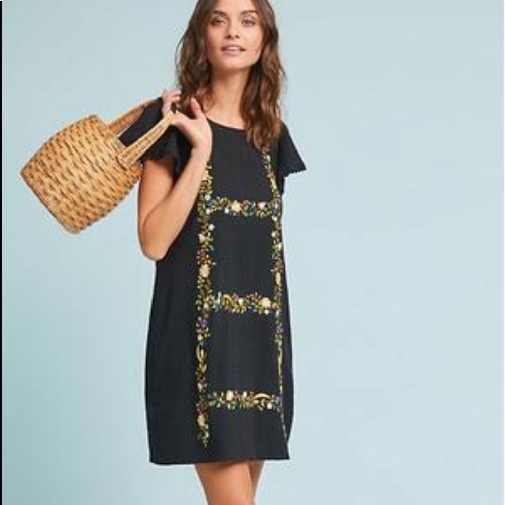 Ranna Gill Black Embroidered Floral Shift Dress